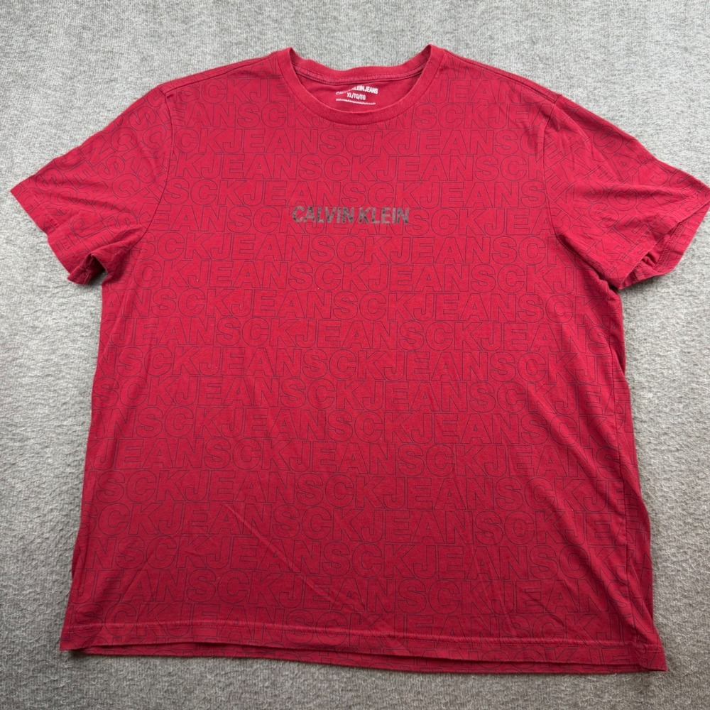 Calvin Klein Jeans T-Shirt Men's XL Red All‎ Over Logo Print Short Sleeve Tee